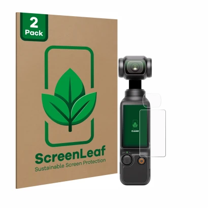 Face avant d’un emballage produit avec le logo de la marque ScreenLeaf. À côté, l’appareil DJI Osmo Pocket 3 (Affichage + Lent