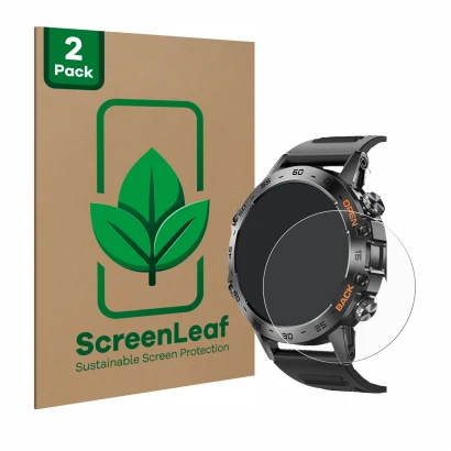 Face avant d’un emballage produit avec le logo de la marque ScreenLeaf. À côté, l’appareil Lemfo Smartwatch 1.39" est représen