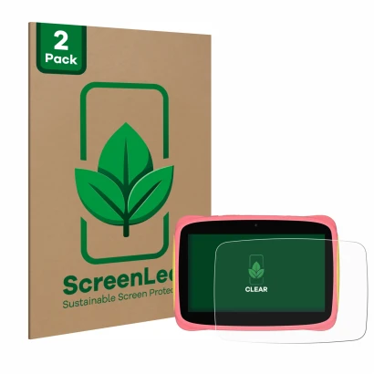 Face avant d’un emballage produit avec le logo de la marque ScreenLeaf. À côté, l’appareil Blackview Tab 3 Kids est représenté