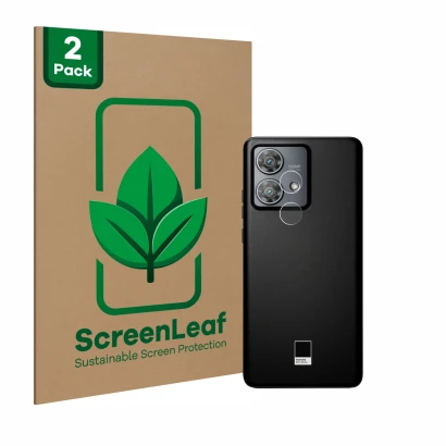 Face avant d’un emballage produit avec le logo de la marque ScreenLeaf. À côté, l’appareil Motorola Edge 40 Neo (Caméra UNIQUE