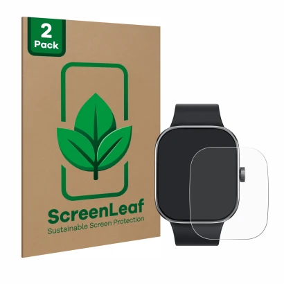 Face avant d’un emballage produit avec le logo de la marque ScreenLeaf. À côté, l’appareil Xiaomi Redmi Watch 4 est représenté