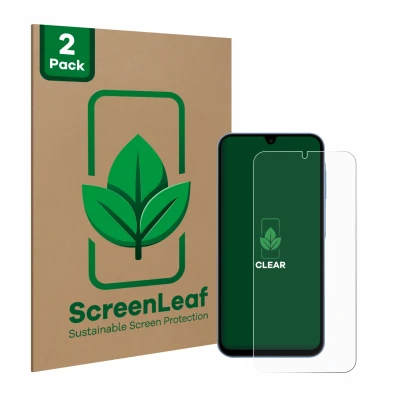Face avant d’un emballage produit avec le logo de la marque ScreenLeaf. À côté, l’appareil Samsung Galaxy A15 est représenté a