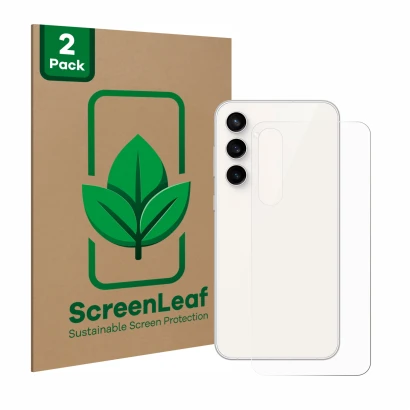 Face avant d’un emballage produit avec le logo de la marque ScreenLeaf. À côté, l’appareil Samsung Galaxy S23 FE (Arrière) est