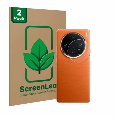 Face avant d’un emballage produit avec le logo de la marque ScreenLeaf. À côté, l’appareil Vivo X100 Pro (Caméra UNIQUEMENT) e