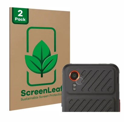 Face avant d’un emballage produit avec le logo de la marque ScreenLeaf. À côté, l’appareil Samsung Galaxy XCover 7 (Caméra UNI