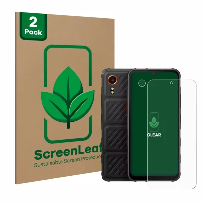 Face avant d’un emballage produit avec le logo de la marque ScreenLeaf. À côté, l’appareil Samsung Galaxy XCover 7 (Avant+Camé