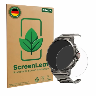 Face avant d’un emballage produit avec le logo de la marque ScreenLeaf. À côté, l’appareil Tesofit Smartwatch 1.85" (rond) est
