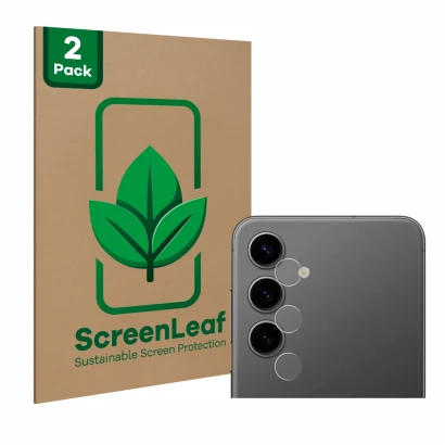 Face avant d’un emballage produit avec le logo de la marque ScreenLeaf. À côté, l’appareil Samsung Galaxy S24 Plus (Caméra UNI