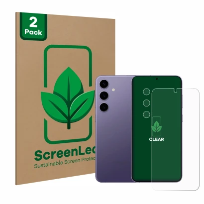 Face avant d’un emballage produit avec le logo de la marque ScreenLeaf. À côté, l’appareil Samsung Galaxy S24 Plus (Avant+Camé