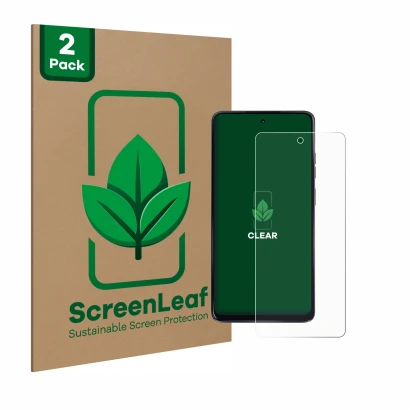 Face avant d’un emballage produit avec le logo de la marque ScreenLeaf. À côté, l’appareil Motorola Moto G24 est représenté av