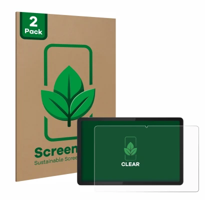 Face avant d’un emballage produit avec le logo de la marque ScreenLeaf. À côté, l’appareil Lenovo Tab M11 est représenté avec 