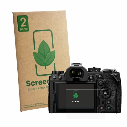 Face avant d’un emballage produit avec le logo de la marque ScreenLeaf. À côté, l’appareil Olympus OM System OM-1 Mark II est 
