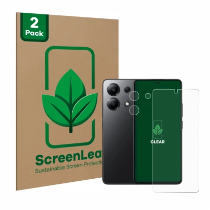 Face avant d’un emballage produit avec le logo de la marque ScreenLeaf. À côté, l’appareil Xiaomi Redmi Note 13 (Avant+Caméra)