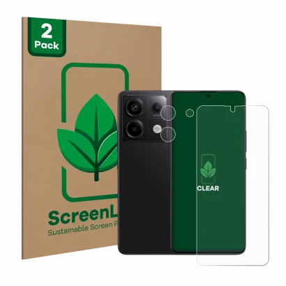 Face avant d’un emballage produit avec le logo de la marque ScreenLeaf. À côté, l’appareil Xiaomi Redmi Note 13 Pro 5G (Avant+