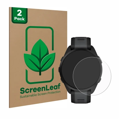 Face avant d’un emballage produit avec le logo de la marque ScreenLeaf. À côté, l’appareil Garmin Forerunner 165 est représent