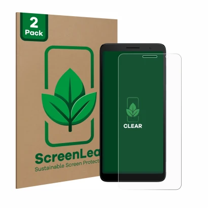 Face avant d’un emballage produit avec le logo de la marque ScreenLeaf. À côté, l’appareil TCL 501 est représenté avec la prot