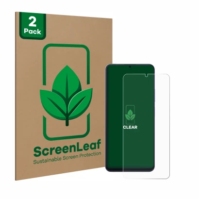 Face avant d’un emballage produit avec le logo de la marque ScreenLeaf. À côté, l’appareil Blackview Color 8 est représenté av