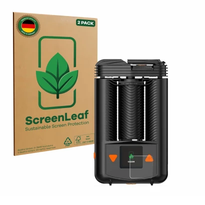 Face avant d’un emballage produit avec le logo de la marque ScreenLeaf. À côté, l’appareil Storz & Bickel Mighty + est représe