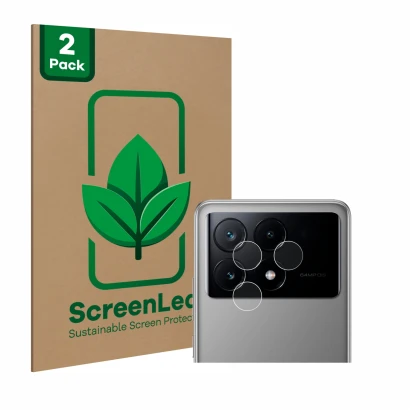 Face avant d’un emballage produit avec le logo de la marque ScreenLeaf. À côté, l’appareil Xiaomi Poco X6 Pro (Caméra UNIQUEME
