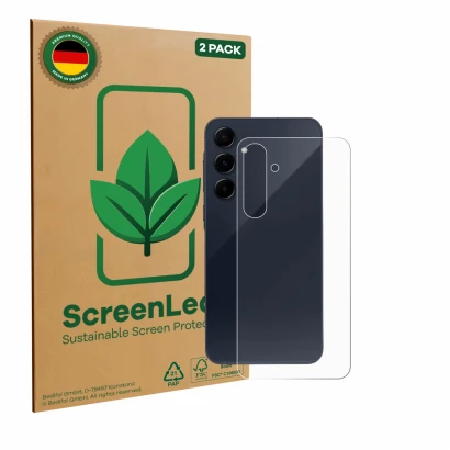 Face avant d’un emballage produit avec le logo de la marque ScreenLeaf. À côté, l’appareil Samsung Galaxy A55 5G (Arrière) est