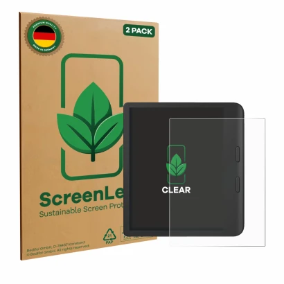 Face avant d’un emballage produit avec le logo de la marque ScreenLeaf. À côté, l’appareil Tolino Vision Color 2024 est représ