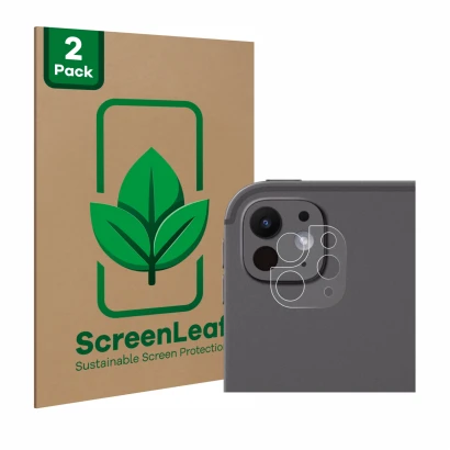 Face avant d’un emballage produit avec le logo de la marque ScreenLeaf. À côté, l’appareil Apple iPad Pro 13" WiFi 2024 (Camér