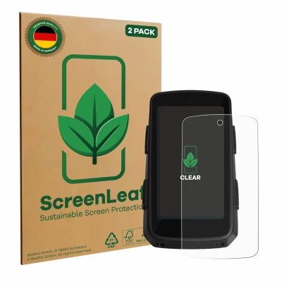 Face avant d’un emballage produit avec le logo de la marque ScreenLeaf. À côté, l’appareil Hammerhead Karoo 3 est représenté a