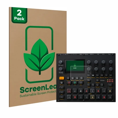 Face avant d’un emballage produit avec le logo de la marque ScreenLeaf. À côté, l’appareil Elektron Digitakt II est représenté