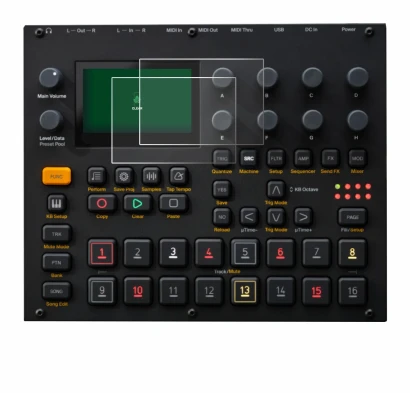 Image de l'appareil Elektron Digitakt II avec une grande variété de protections d'écran.