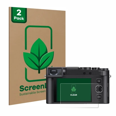Face avant d’un emballage produit avec le logo de la marque ScreenLeaf. À côté, l’appareil Leica D-Lux 8 est représenté avec l