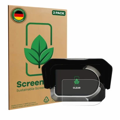 Face avant d’un emballage produit avec le logo de la marque ScreenLeaf. À côté, l’appareil Kymco CV3 est représenté avec la pr