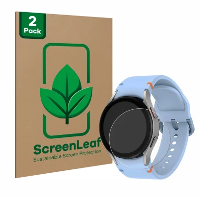 Face avant d’un emballage produit avec le logo de la marque ScreenLeaf. À côté, l’appareil Samsung Galaxy Watch FE est représe