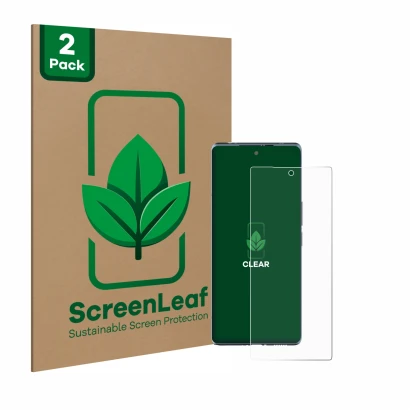 Face avant d’un emballage produit avec le logo de la marque ScreenLeaf. À côté, l’appareil HTC U24 Pro est représenté avec la 