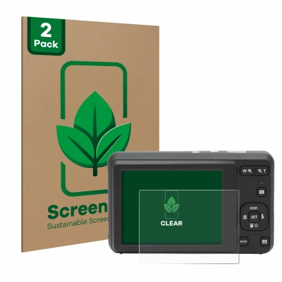 Face avant d’un emballage produit avec le logo de la marque ScreenLeaf. À côté, l’appareil Kodak Pixpro FZ55 est représenté av