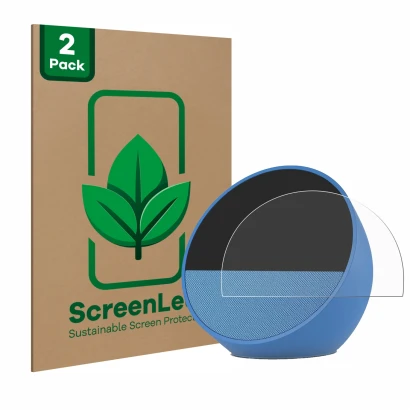 Face avant d’un emballage produit avec le logo de la marque ScreenLeaf. À côté, l’appareil Amazon Echo Spot 2024 est représent