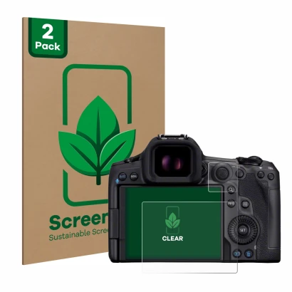 Face avant d’un emballage produit avec le logo de la marque ScreenLeaf. À côté, l’appareil Canon EOS R5 Mark II est représenté