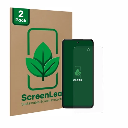 Face avant d’un emballage produit avec le logo de la marque ScreenLeaf. À côté, l’appareil ZTE Blade V60 Vita est représenté a