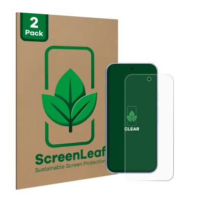 Face avant d’un emballage produit avec le logo de la marque ScreenLeaf. À côté, l’appareil Google Pixel 9 Pro est représenté a