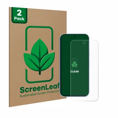 Face avant d’un emballage produit avec le logo de la marque ScreenLeaf. À côté, l’appareil Google Pixel 9 Pro XL est représent