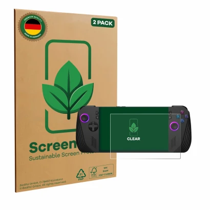 Face avant d’un emballage produit avec le logo de la marque ScreenLeaf. À côté, l’appareil ASUS ROG Ally X (2024) est représen