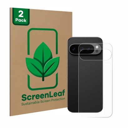 Face avant d’un emballage produit avec le logo de la marque ScreenLeaf. À côté, l’appareil Google Pixel 9 Pro (Arrière) est re