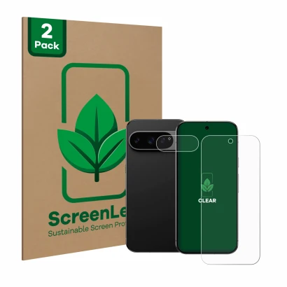 Face avant d’un emballage produit avec le logo de la marque ScreenLeaf. À côté, l’appareil Google Pixel 9 Pro (Avant+Caméra) e