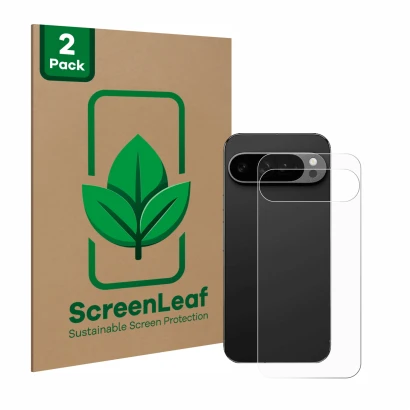 Face avant d’un emballage produit avec le logo de la marque ScreenLeaf. À côté, l’appareil Google Pixel 9 Pro XL (Arrière) est