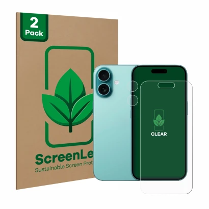 Face avant d’un emballage produit avec le logo de la marque ScreenLeaf. À côté, l’appareil Apple iPhone 16 (Avant+Caméra) est 