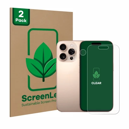 Face avant d’un emballage produit avec le logo de la marque ScreenLeaf. À côté, l’appareil Apple iPhone 16 Pro (Avant+Caméra) 