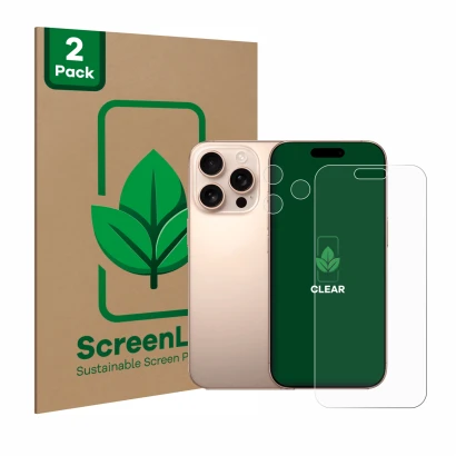 Face avant d’un emballage produit avec le logo de la marque ScreenLeaf. À côté, l’appareil Apple iPhone 16 Pro Max (Avant+Camé