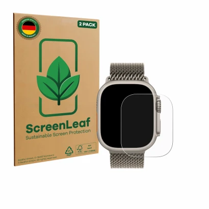 Face avant d’un emballage produit avec le logo de la marque ScreenLeaf. À côté, l’appareil Apple Watch Ultra 3 est représenté 