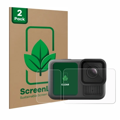 Face avant d’un emballage produit avec le logo de la marque ScreenLeaf. À côté, l’appareil GoPro Hero 13 Black est représenté 