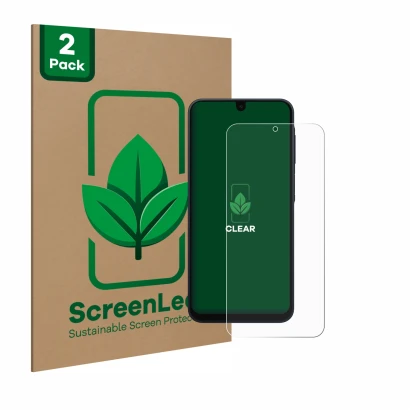 Face avant d’un emballage produit avec le logo de la marque ScreenLeaf. À côté, l’appareil Samsung Galaxy A16 5G est représent