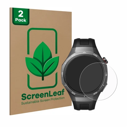 Face avant d’un emballage produit avec le logo de la marque ScreenLeaf. À côté, l’appareil Huawei Watch GT 5 Pro (46 mm) est r